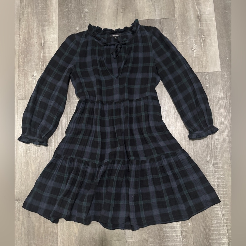 Madewell Girls Navy Plaid Long-Sleeve Dress with Ruffle Neck